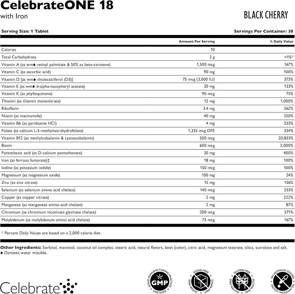 Celebrate Vitamins CelebrateONE 18 Chewables, 18mg Iron - Once Daily Bariatric Multivitamin, Essential Vitamins & Minerals - Gastric Bypass & Sleeve Gastrectomy Supplement - Black Cherry (90 Tablets) 6