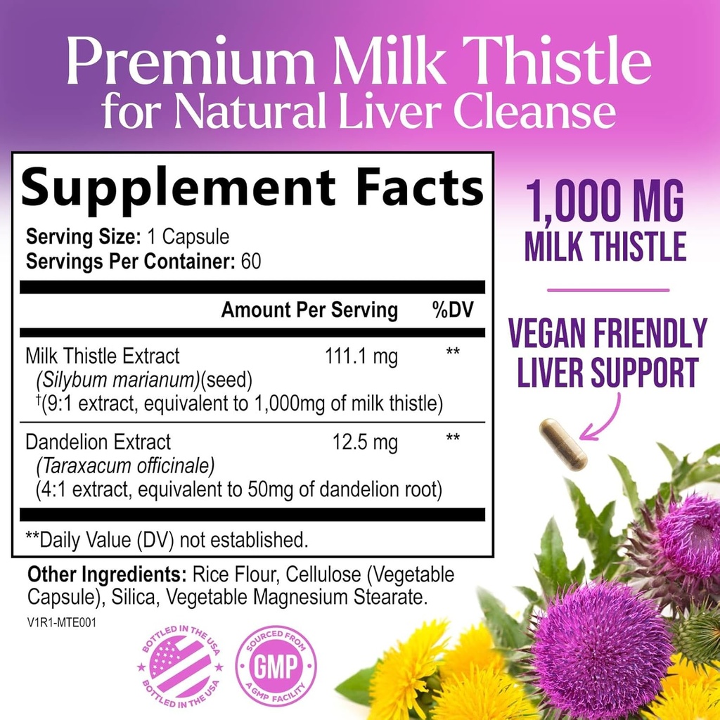 Milk Thistle Extract 1000mg - Liver Cleanse Detox & Repair Formula with Dandelion Extract - Herbal Liver Supplement - Nature's Milk Thistle w/Silymarin Marianum, Supports Liver Health - 60 Capsules 3