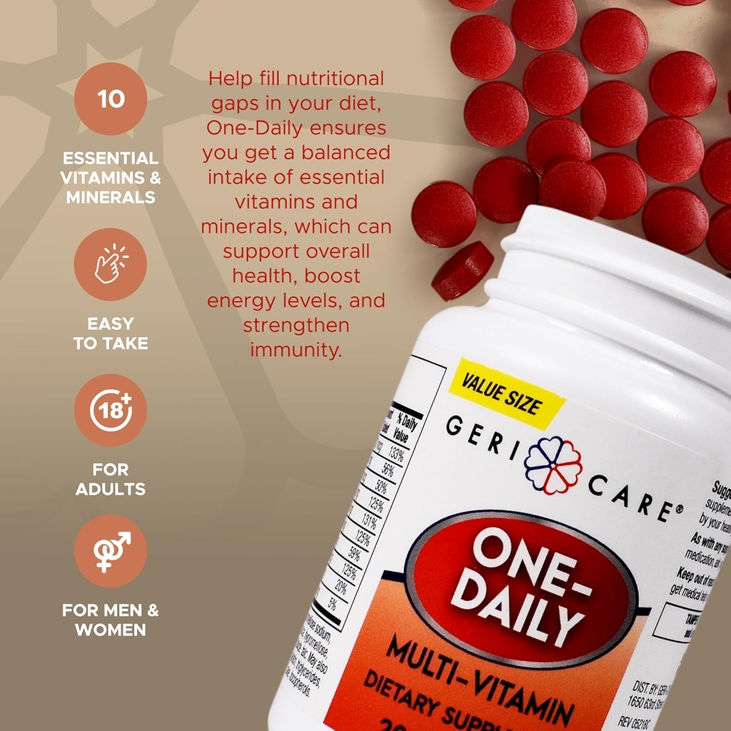 One-Daily Multi-Vitamin Tablet, 200 Count by GeriCare| Adult Multivitamin Supplement for Men & Women | Easy-to-Take Dietary Supplement with Vitamins A, C, D3, B, Calcium| Vitamin & Mineral Complex 4