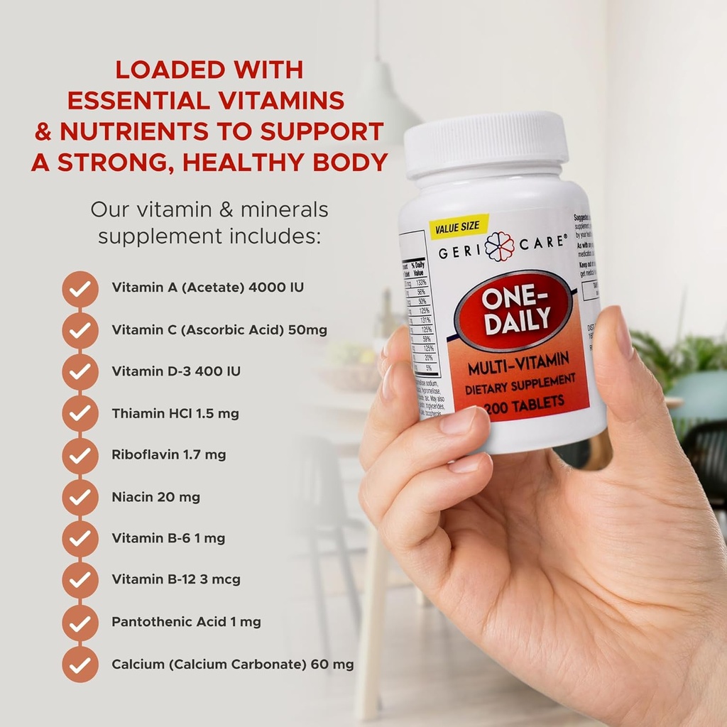 One-Daily Multi-Vitamin Tablet, 200 Count by GeriCare| Adult Multivitamin Supplement for Men & Women | Easy-to-Take Dietary Supplement with Vitamins A, C, D3, B, Calcium| Vitamin & Mineral Complex 5