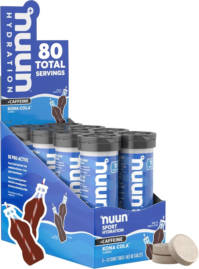 Nuun Sport + Caffeine Electrolyte Tablets - Dissolvable in Water, Kona Cola Flavor, 5 Essential Electrolytes for Hydration, 1g Sugar Drink Mix, Vegan, Non-GMO, 8 Pack (80 Total Servings) 2