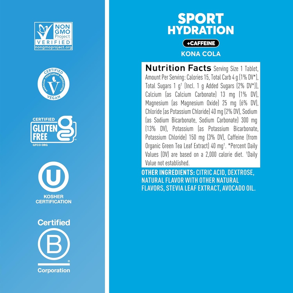 Nuun Sport + Caffeine Electrolyte Tablets - Dissolvable in Water, Kona Cola Flavor, 5 Essential Electrolytes for Hydration, 1g Sugar Drink Mix, Vegan, Non-GMO, 8 Pack (80 Total Servings) 6