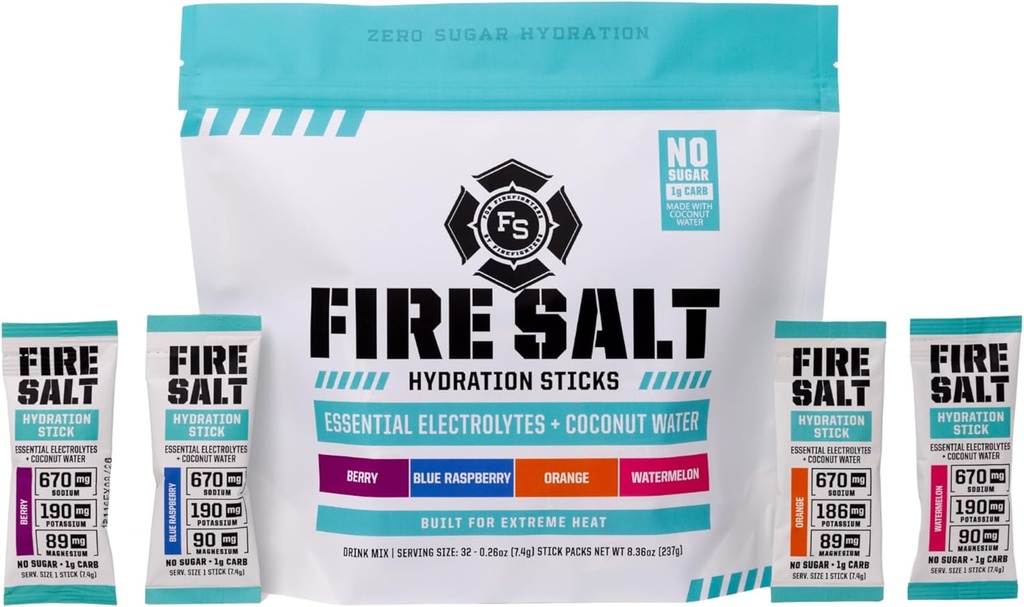 Fire Science Fire Salt Hydration Sticks, Electrolytes & Coconut Water, Hydration Drink Mix with Magnesium, Potassium & Sodium, Zero Sugar, Single Serve On The Go Packs, Berry Flavor, 32 Count 2