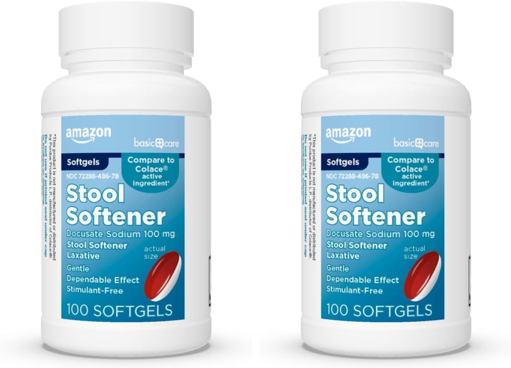 Basic Care Stool Softener Laxative, Docusate Sodium 100 mg, Softgels, for Constipation Relief, 100 Count (Pack of 2) 2
