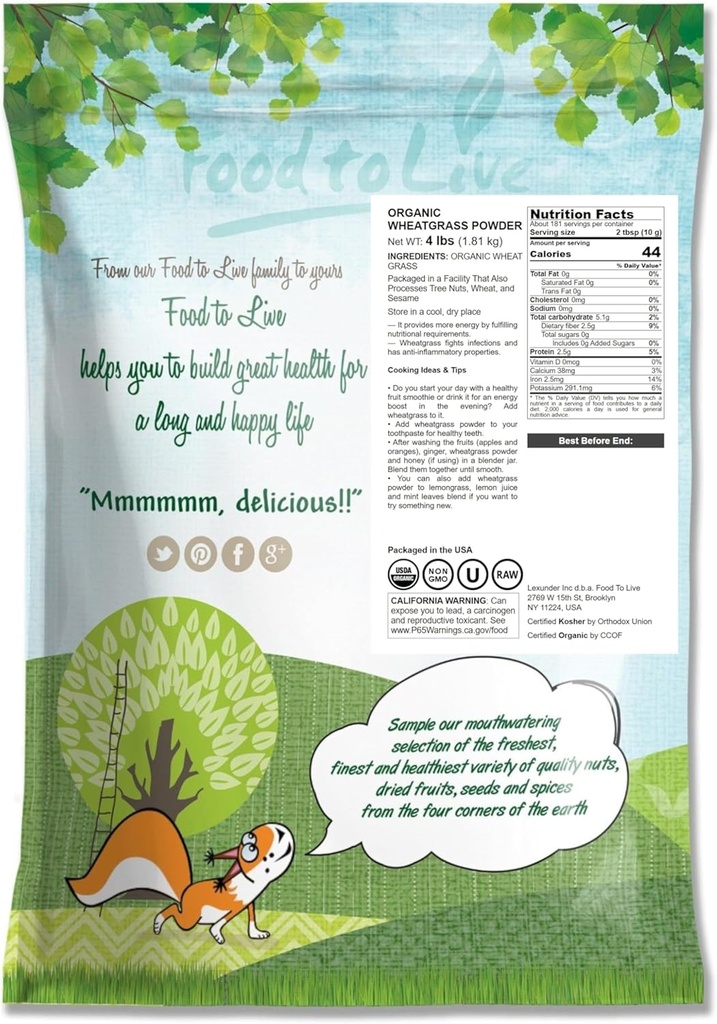 Food to Live Organic Wheatgrass Powder, 4 Pounds — Non-GMO, Whole-Leaf, Raw, Non-Irradiated, Pure, Vegan Superfood, Bulk, Great for Juice, Rich in Fiber, Chlorophyll, Fatty Acids and Minerals 3