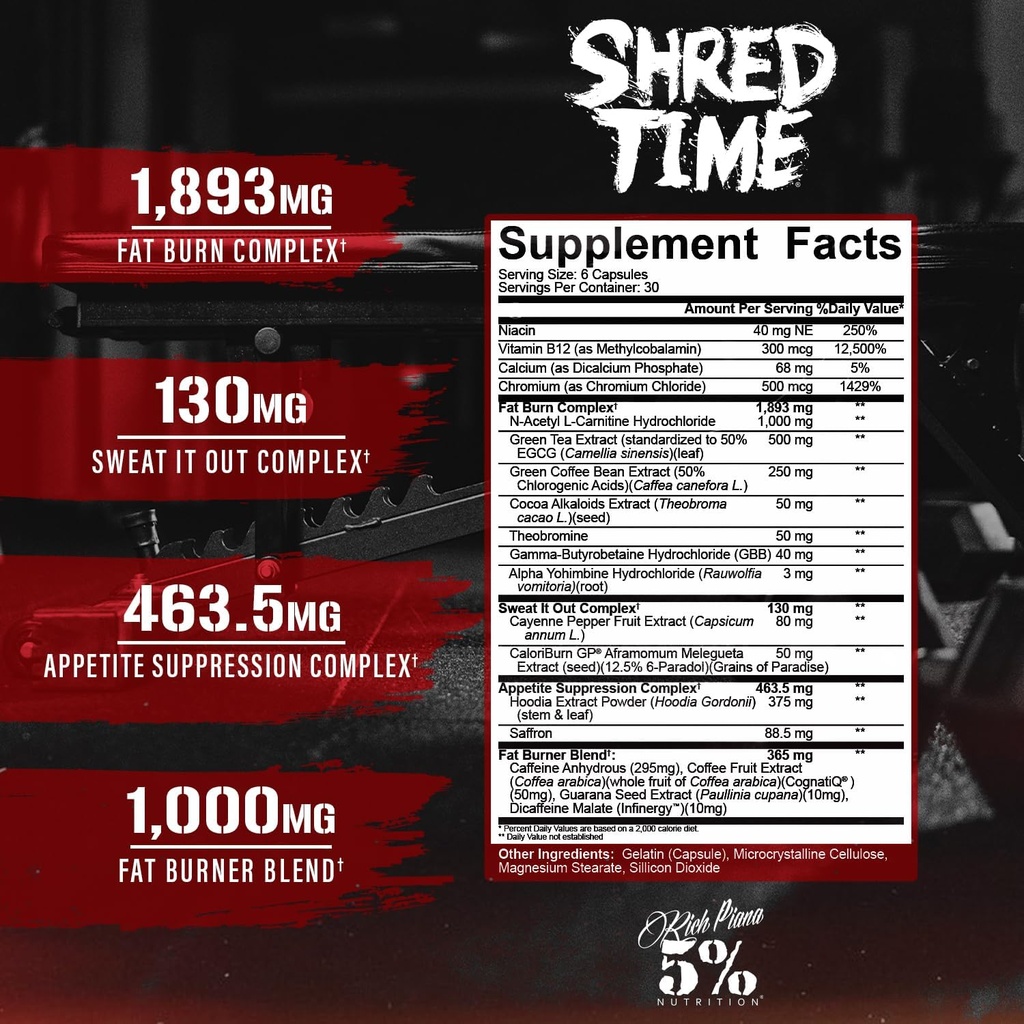 5% Nutrition Shred Time Fat Burner | Green Tea, Coffee Bean, Cayenne, Theobromine, GBB | Appetite Suppression | 30 Servings (180 Capsules) 3