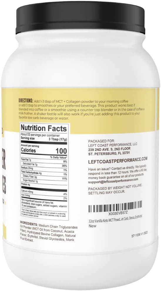 32oz Vanilla Keto MCT Powder + Collagen + Prebiotic Acacia Fibre. MCT Creamer. MCT Oil Powder from Coconuts. MCT Collagen Powder, Grass Fed, Perfect for Keto, 0 Net Carb, Stevia, Erythritol 3