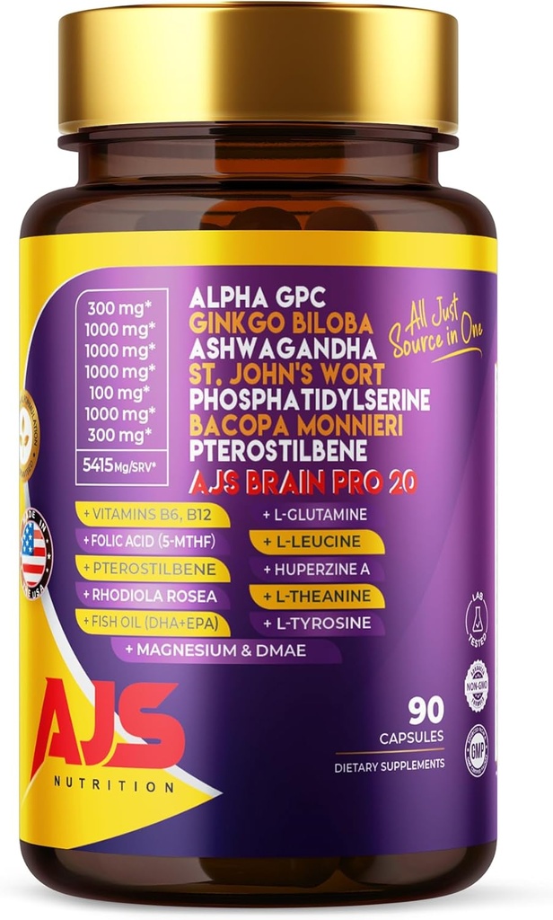 AJS Alpha GPC Nootropic Brain Supplement,Phosphatidylserine,St. John'sWort Ginkgo Biloba,Ashwagandha,Bacopa Monnieri,Pterostilbene,Magnesium Glycinate,Ginkgo Biloba,5-MTHF,Huperzine A 60CT,90 capsules 2