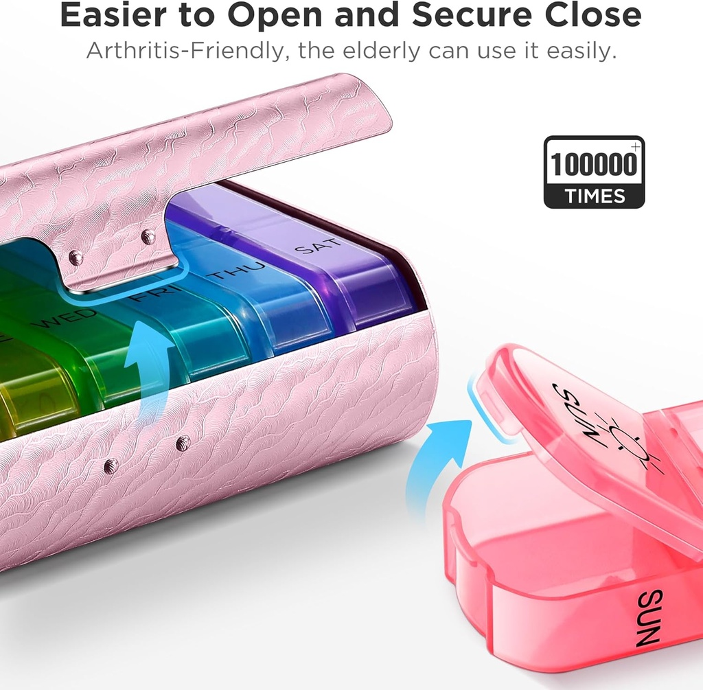Zannaki Metal XL Weekly Pill Organizer 2 Times a Day, Large Travel Daily Pill Box 7 Day, Portable Week Twice Pill Holder Container, AM PM Pill Case for Medicine Vitamin Medication Supplement, Pink 5