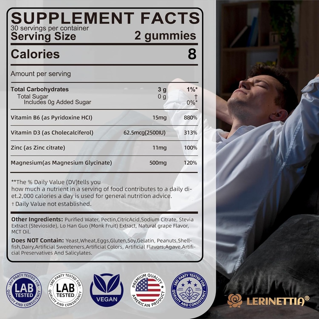 Magnesium Glycinate 500mg/250mg for Adults Teens - Plus D3,B6 & Zinc - Magnesium Glycinate Gummies,High Absorption - Support for Relaxation,Brain,Bone & Immunity Health - Sugar Free - 120Cts 3