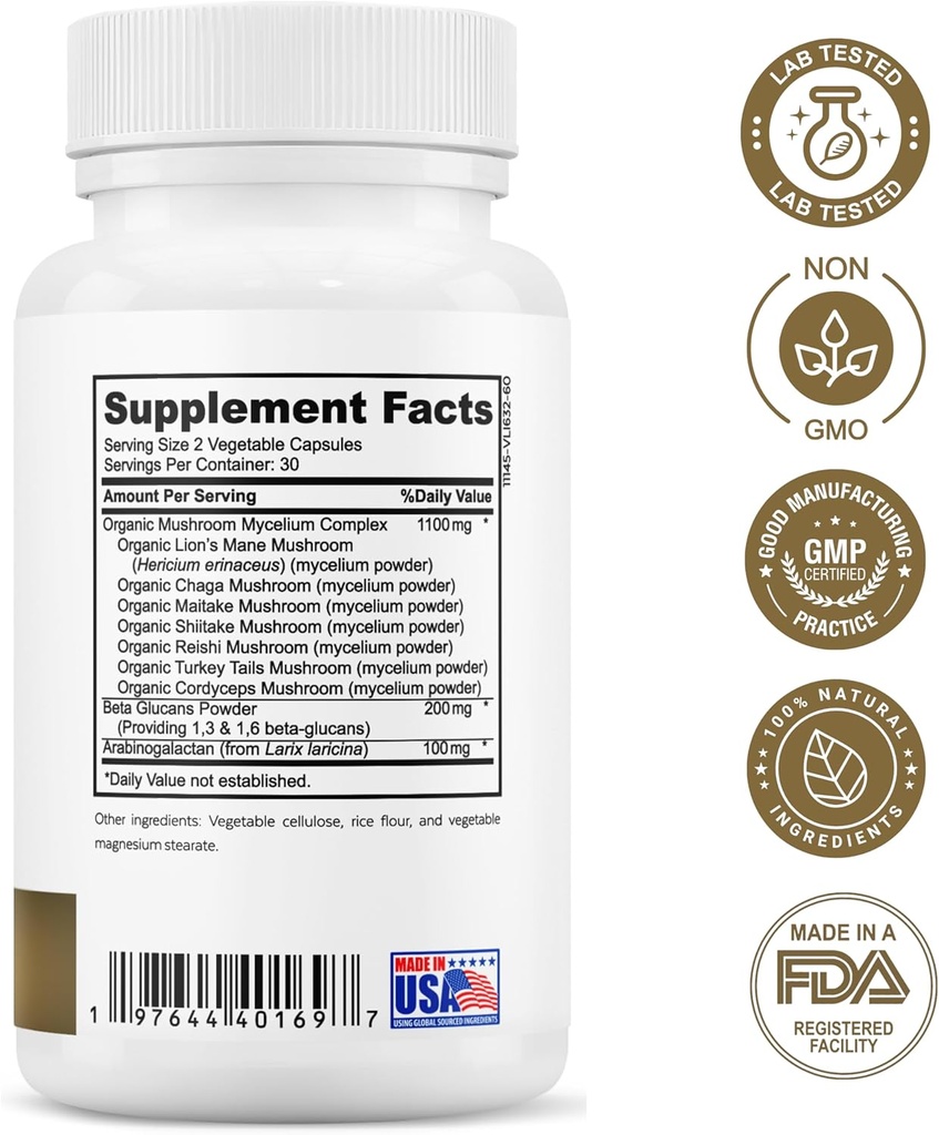 Organic Mushroom Complex - 7 Mushroom Blend Immune Support Nootropic & Cognitive Health Supplement with Organic Lion's Mane, Chaga, Maitake, Shiitake, Reishi, Turkey Tails, Cordyceps Mix 5