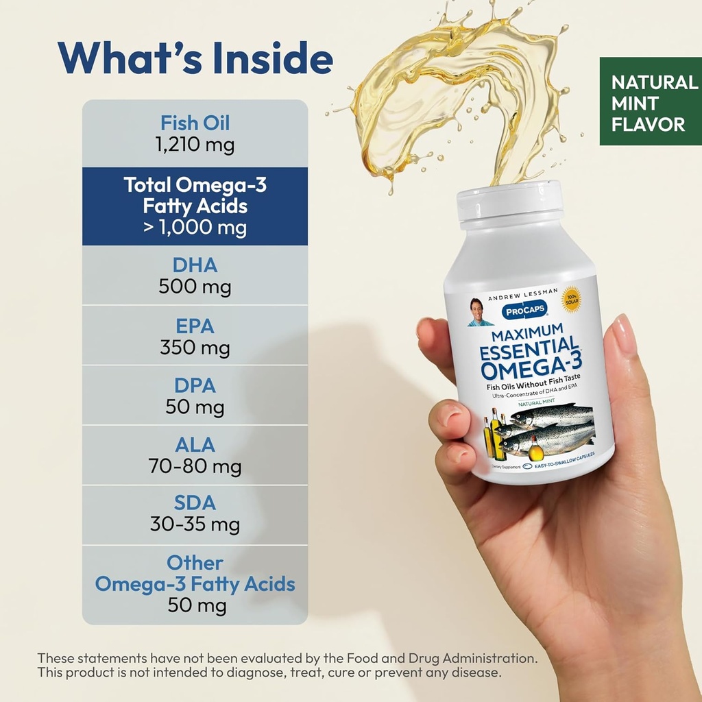 ANDREW LESSMAN Maximum Essential Omega-3 Mint - 180 Softgels - Ultra-Pure, High Potency Omega-3 Oils. High DHA, No Stomach Upset, No Contaminants, No Mercury. Small Easy to Swallow Softgels 4