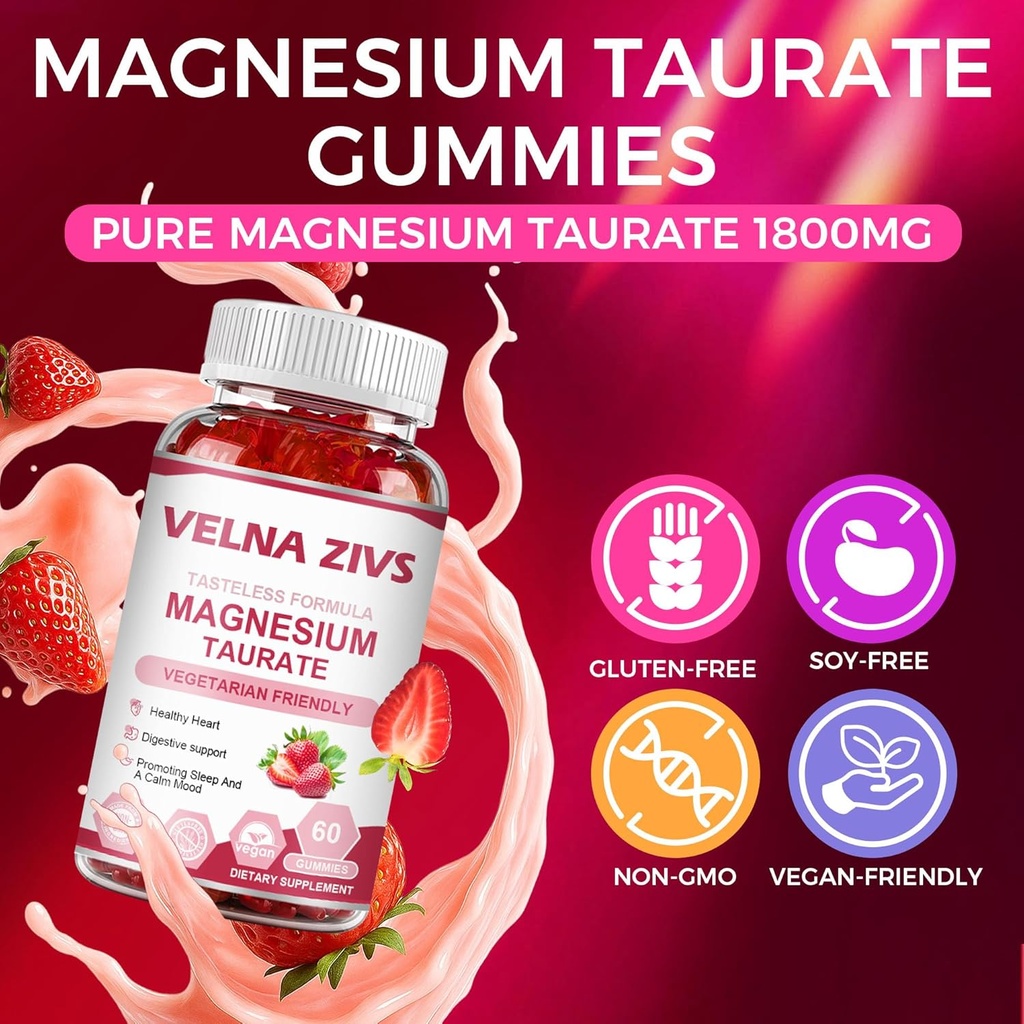 Magnesium Taurate Gummies 1800mg, Magnesium Taurate Supplement, High Absorption& chewable for Kid and Adults, Muscle and Heart Health Support, Vegan, Gluten Free, 60 Counts 3