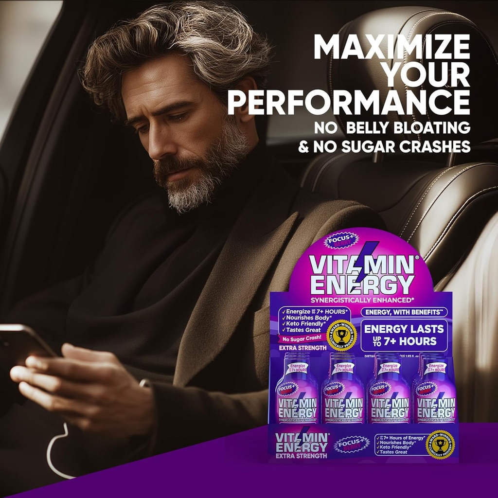 Vitamin Energy Focus+ Extra Strength Energy Shot Berry 12 Pack, 260mg Natural Caffeine, B-Vitamins, CoQ10, Amino Acids, Focus, Productivity & Clarity, Zero Sugar, Gluten-Free, 1.93 fl oz 6