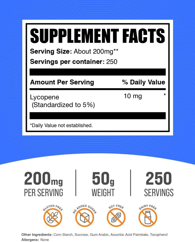 BulkSupplements.com Lycopene Powder - Lycopene Supplement, Lycopene 10mg - Antioxidants Supplement, Gluten Free, 200mg per Serving, 250g (8.8 oz) (Pack of 1) 3
