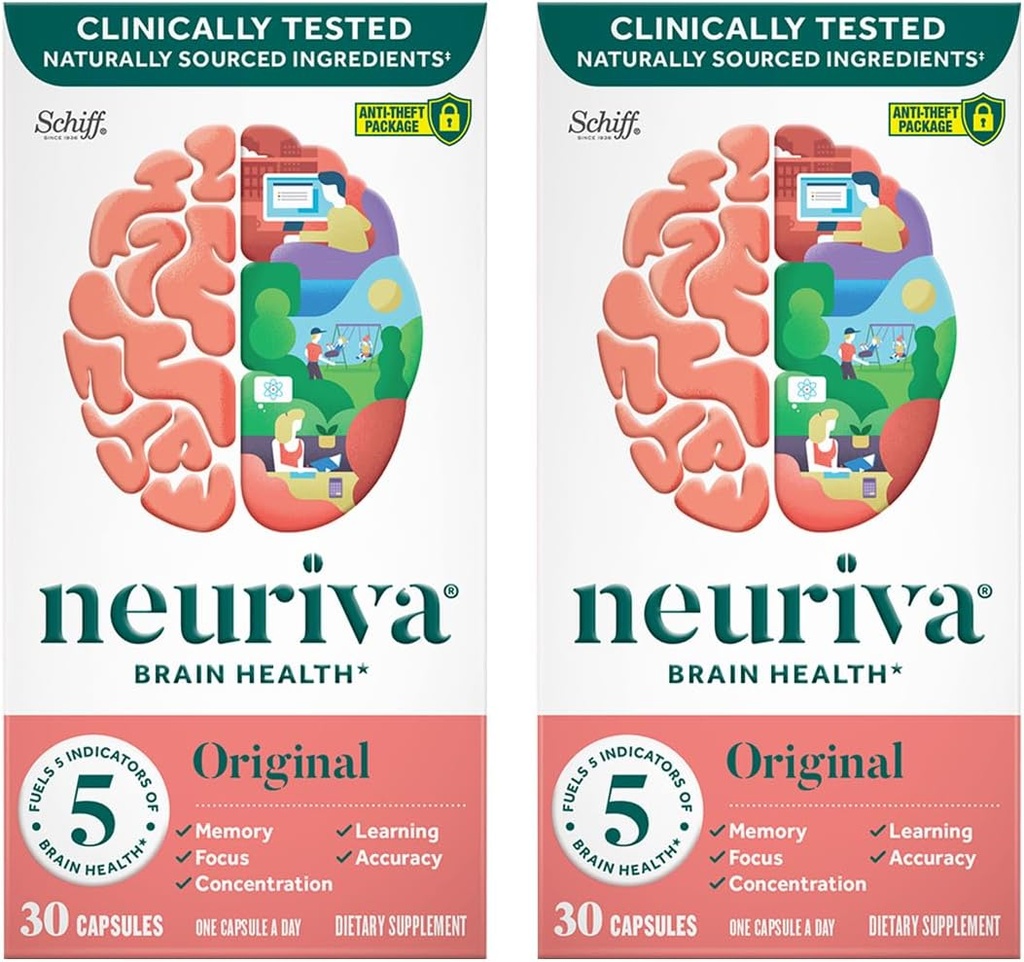 NEURIVA Original Brain Supplement for Memory, Focus & Concentration + Learning & Accuracy with Clinically Tested Nootropics Phosphatidylserine and Neurofactor, Caffeine Free, 30 Capsules (2 Pack) 2
