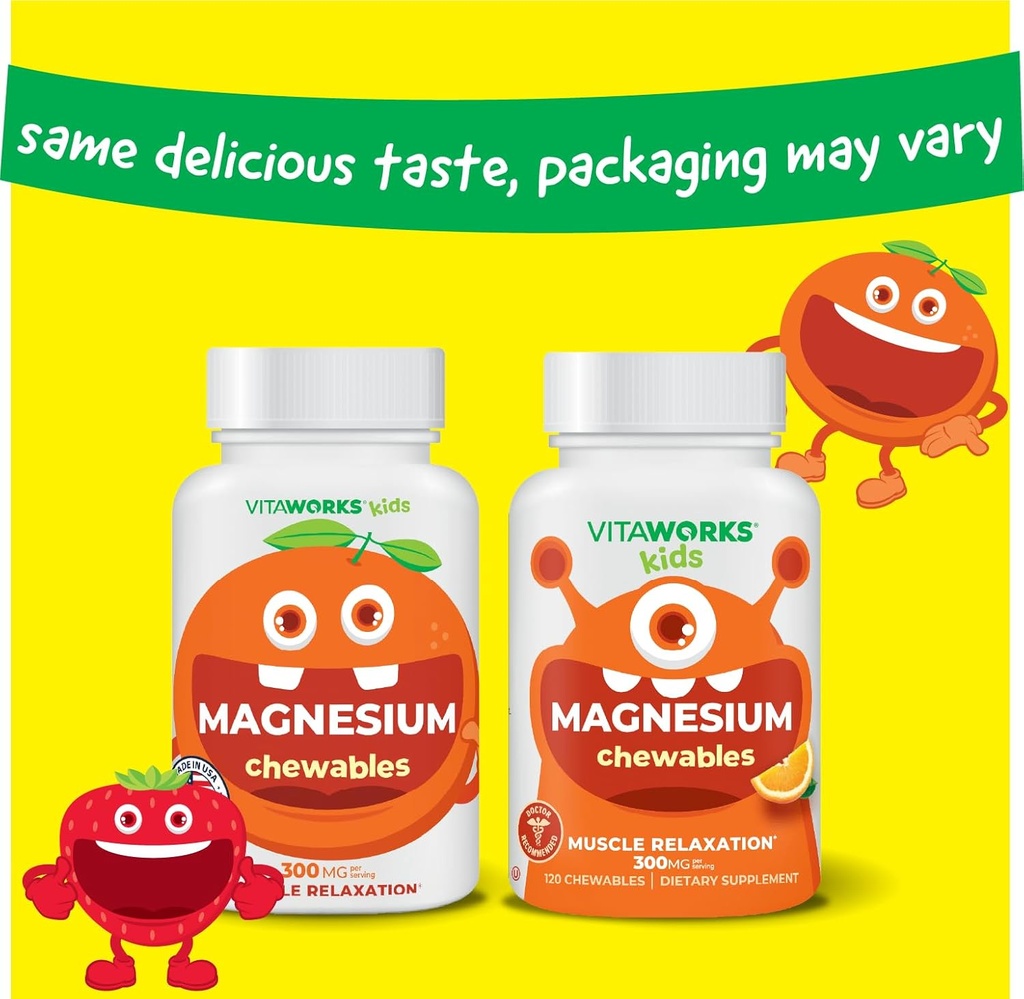 Kids Magnesium Chewable | Great Tasting | 300mg Magnesium Supplement | Vegan, Non GMO and Gluten Free Magnesium Oxide Supplement | for Muscle Function | 120 Chewables | Vitaworks 3