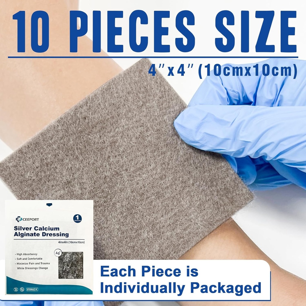Ag Silver Calcium Alginate Wound Dressing Pads, 4''x4'' Patches, 10 Individual Pack, Soft Silver Dressings for Wound Care, Gentle Highly Absorbent Dressing, Non Stick Gauze Pads for Wounds 6