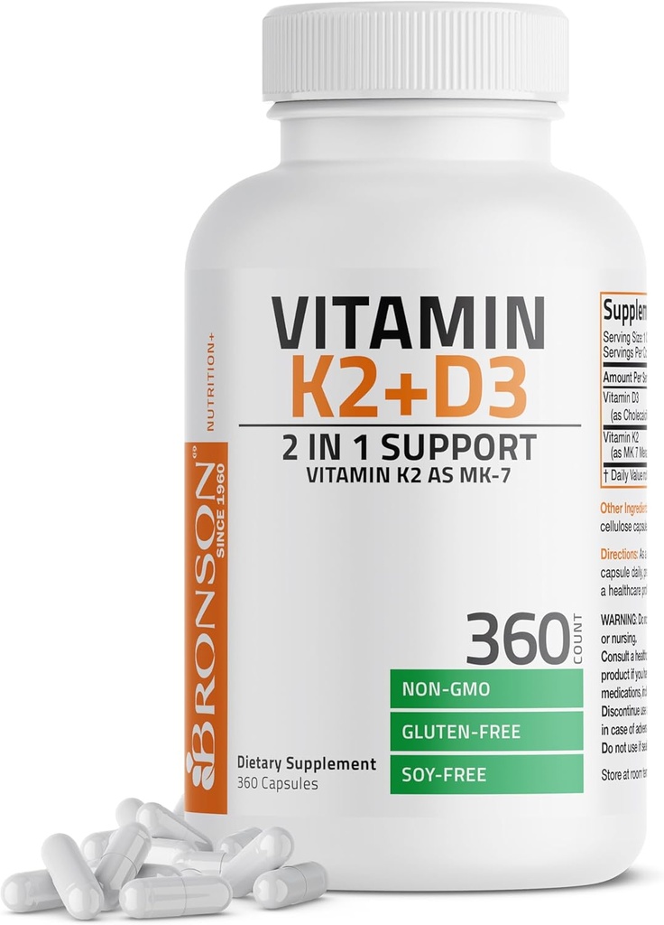 Bronson Vitamin K2 (MK7) with D3 Supplement Non-GMO Formula 5000 IU Vitamin D3 & 90 mcg K2 MK-7 Easy to Swallow D & K Complex, 360 Capsules 2