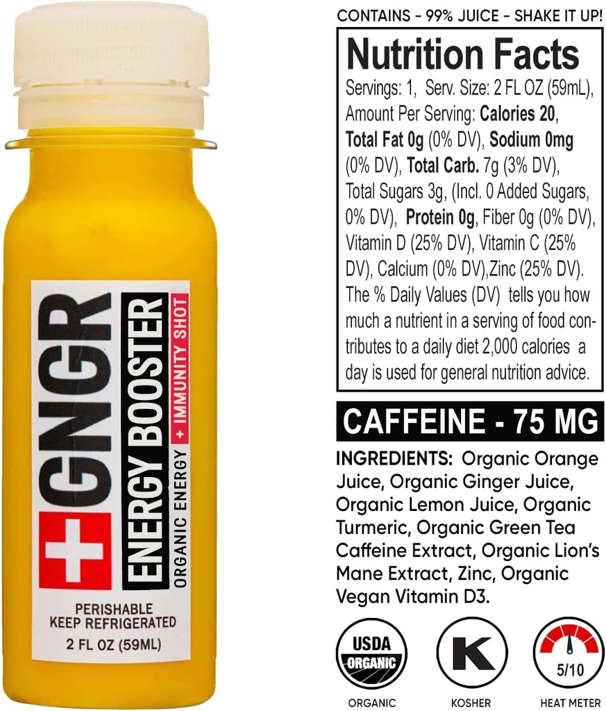 +GNGR Energy Booster & Immunity Shot, Cold-Pressed Ginger Shots with Lions Mane, 75mg of Natural Caffeine Green Tea, Turmeric Root, Vitamin D & Zinc for All Natural Immune Support (2 Oz, Pack of 12) 4
