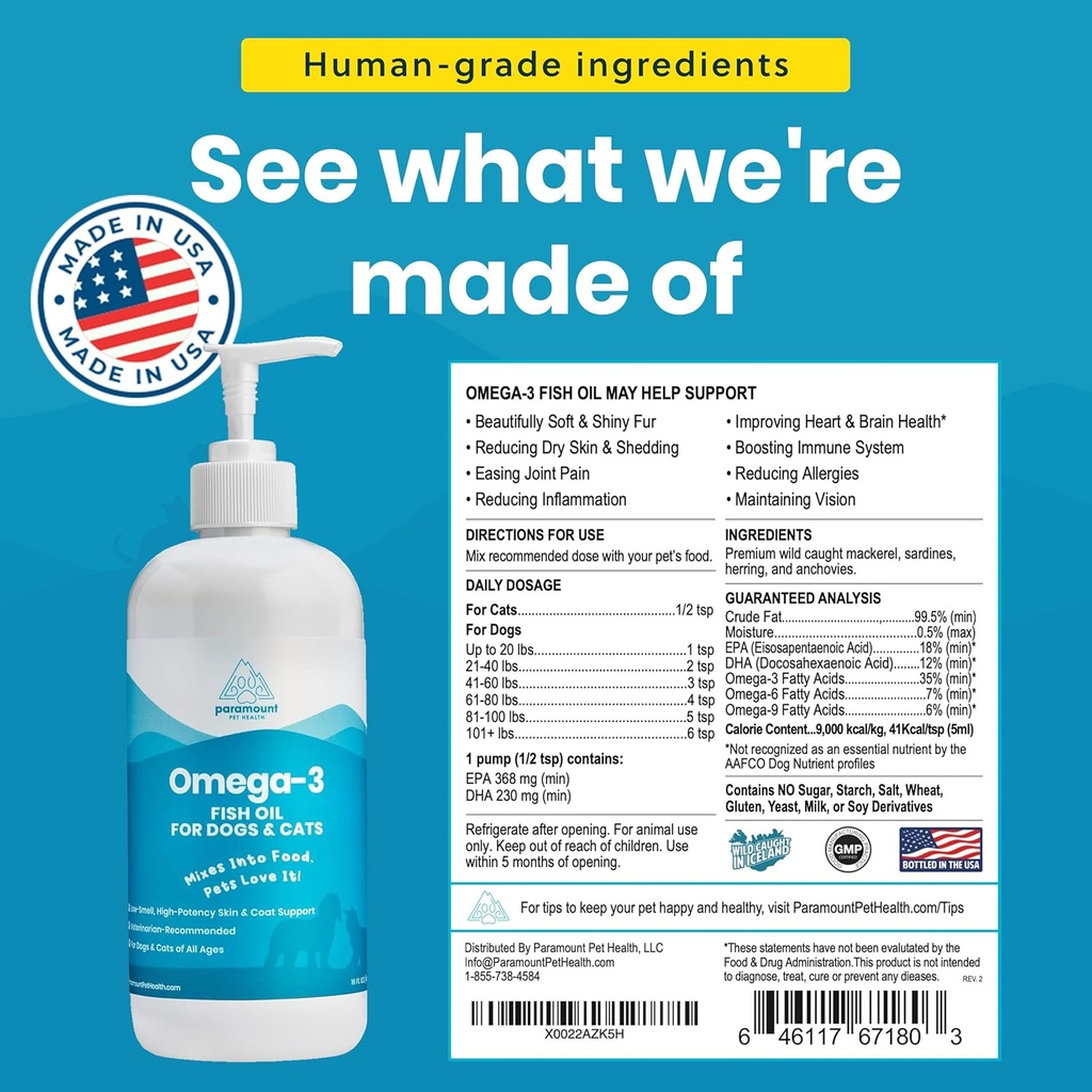 Wild-Caught Omega 3 Fish Oil for Dogs & Cats, Liquid EPA DHA Supplement for Skin, Coat, Joints & Heart, Low-Odor Omega 3 Drops for Small Dog Breeds & Cats with Itchy Skin, 16 oz 3
