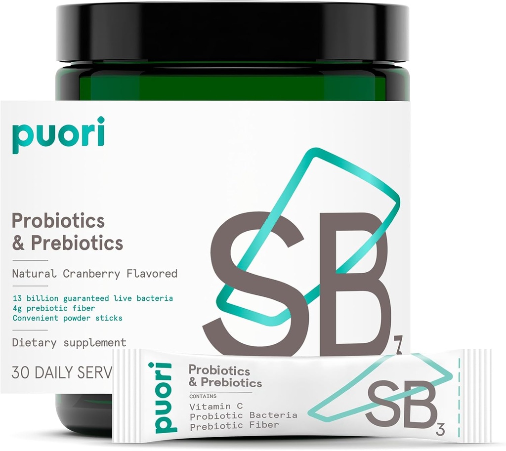 Puori Probiotics and Prebiotics Dietary Supplement - 13 Billion CFU x 30 Servings - Support Immune and Digestive Health - Fiber 4g, Vitamin C 200mg - SB3 Bifidobacterium, Lactobacillus Fermentum 2
