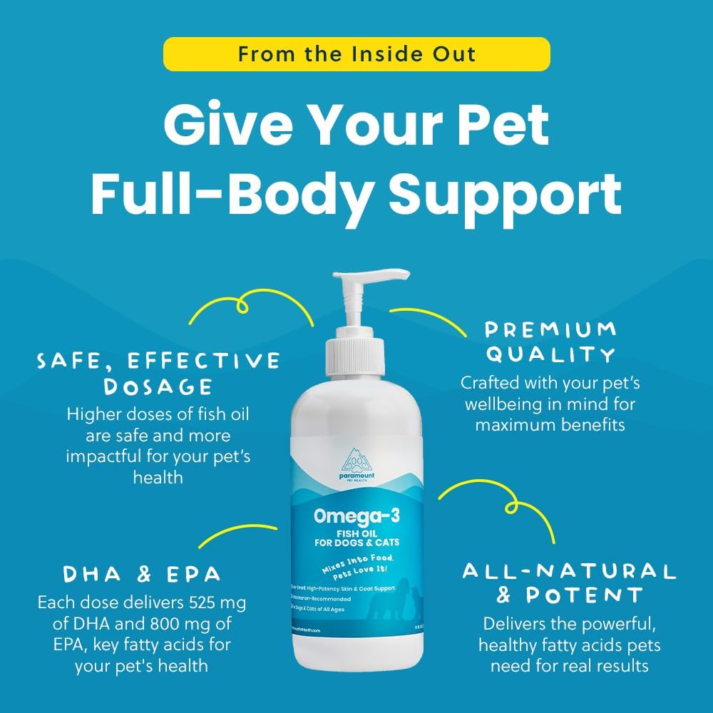 Wild-Caught Omega 3 Fish Oil for Dogs & Cats, Liquid EPA DHA Supplement for Skin, Coat, Joints & Heart, Low-Odor Omega 3 Drops for Small Dog Breeds & Cats with Itchy Skin, 16 oz 5