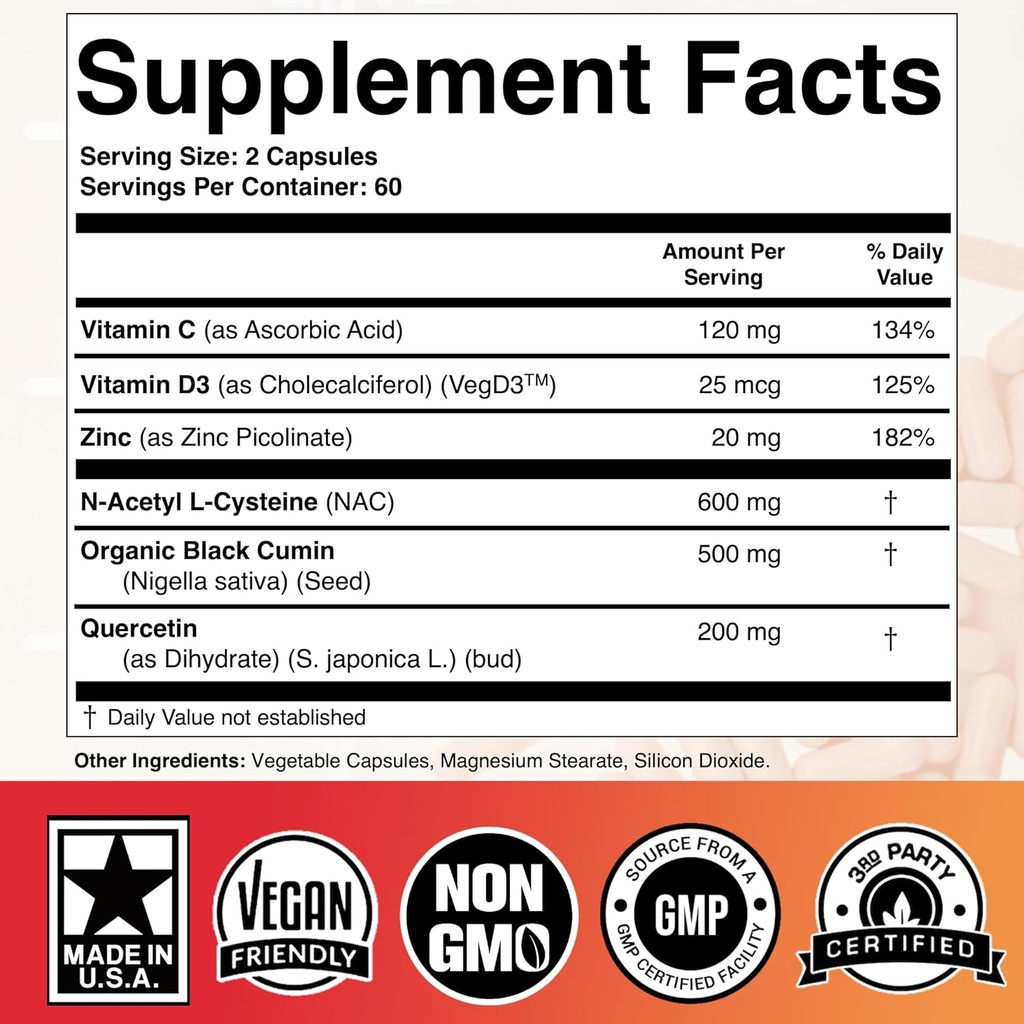 NAC 600mg Black Seed 500mg Zinc Picolinate Quercetin Vitamin C Vitamin D3 Respiratory Support (Pack of 1 Bottle at 120-Caps) 3