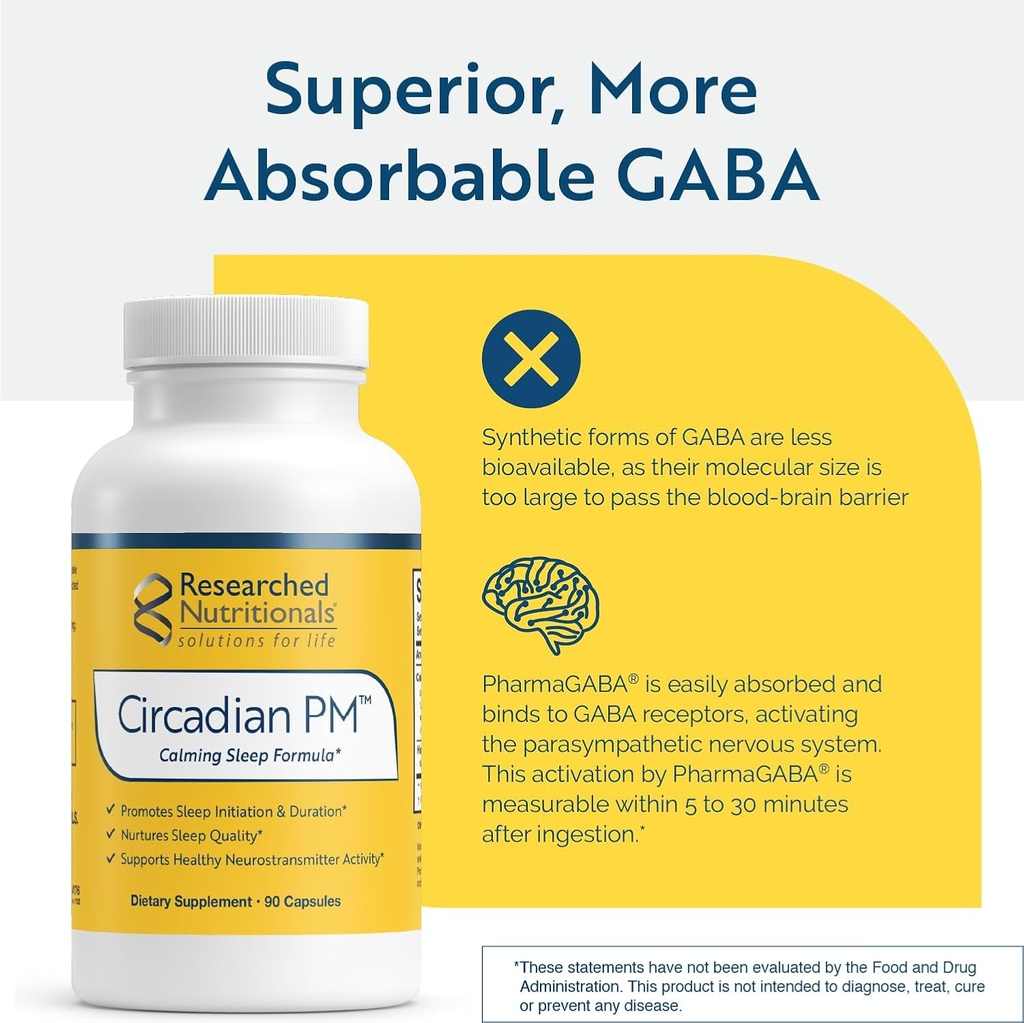 Researched Nutritionals Circadian PM - Promotes a Healthy Nervous System, Histamine Response & Peaceful Nights with L Theanine, 5 HTP, Valerian Root & GABA Supplements (90 Capsules) 5