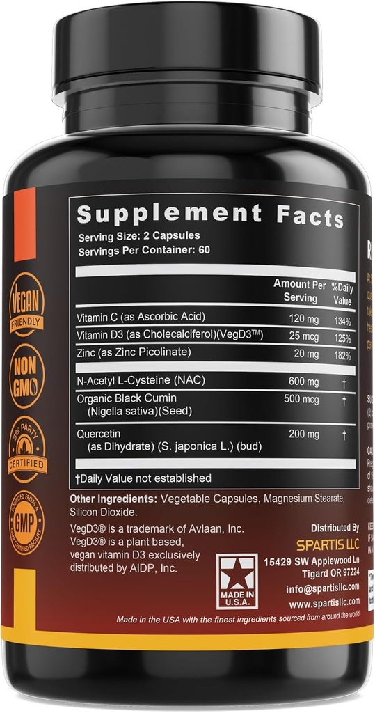 NAC 600mg Black Seed 500mg Zinc Picolinate Quercetin Vitamin C Vitamin D3 Respiratory Support (Pack of 1 Bottle at 120-Caps) 6