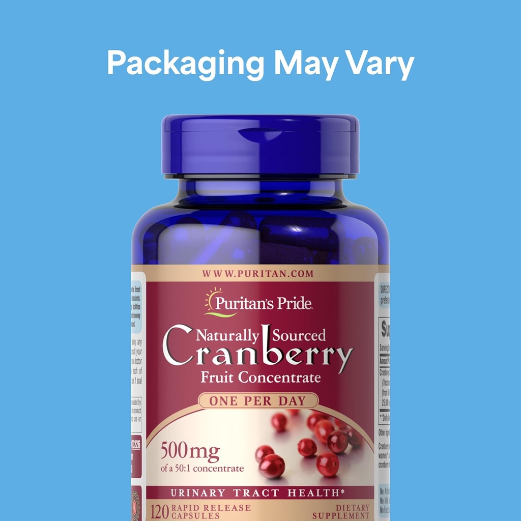 Puritan's Pride Naturally Sourced Cranberry One Per Day Fruit Concentrate 500mg, 50:1 Dietary Supplement for Urinary Tract Support, 4 Month Supply, 120 Rapid Release Capsules, 2 Pack 3