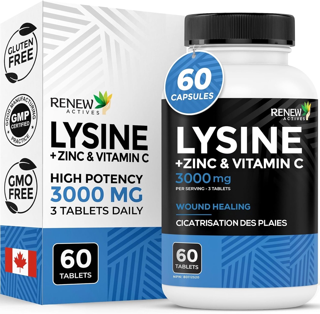 Renew Actives L-Lysine 1000 mg per Serving with Zinc & Vitamin C – Supports Immune Function, Collagen Formation, Antioxidant Support, & Healthy Skin, Hair, & Nails – Made in Canada – 60 Tablets 2