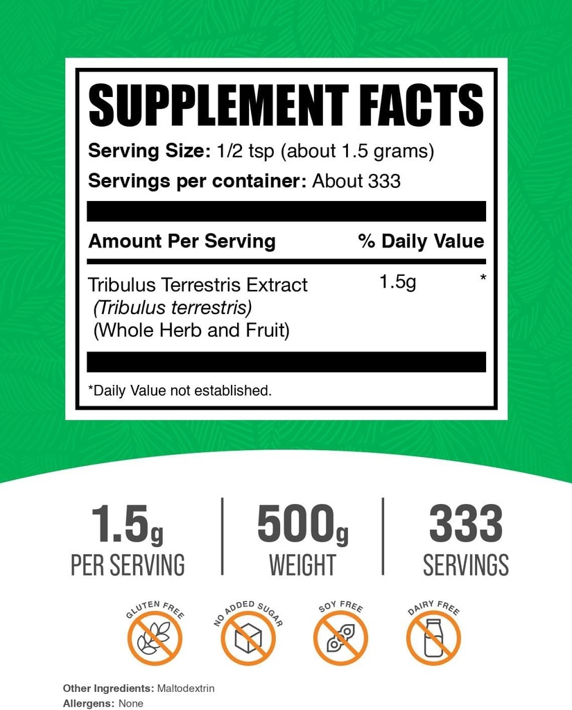 BulkSupplements.com Tribulus Terrestris Extract Powder - Tribulus Terrestris Supplements, Herbal Supplement - Gluten Free, 1.5g per Serving, 500g (1.1 lbs) (Pack of 1) 3