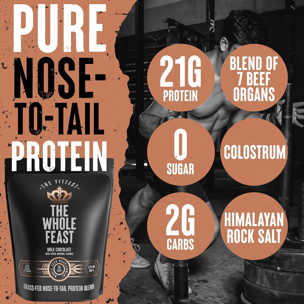 The Fittest Whole Feast Beef Protein Powder - Milk Chocolate - Grass Fed Nose to Tail Carnivore Blend Including Liver, Colostrum and Whole Bone - BCAAs - 14g Collagen, 21g Total Protein 3