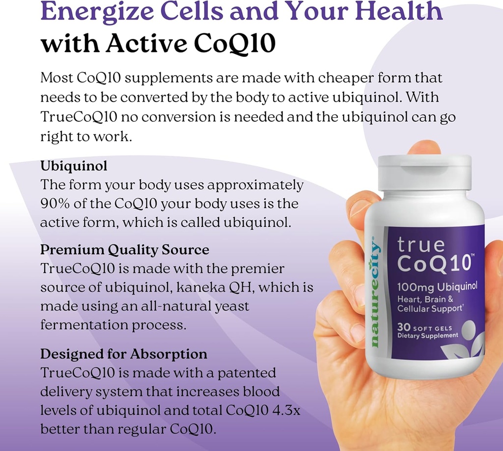 NatureCity True-CoQ10 Ubiquinol 100mg Highly Absorbable and Stablized Kaneka QH CoQ10 Heart, Brain and Cellular Energy Supplement - (30 Soft Gels) Active CoQ10 as Ubiquinol 4