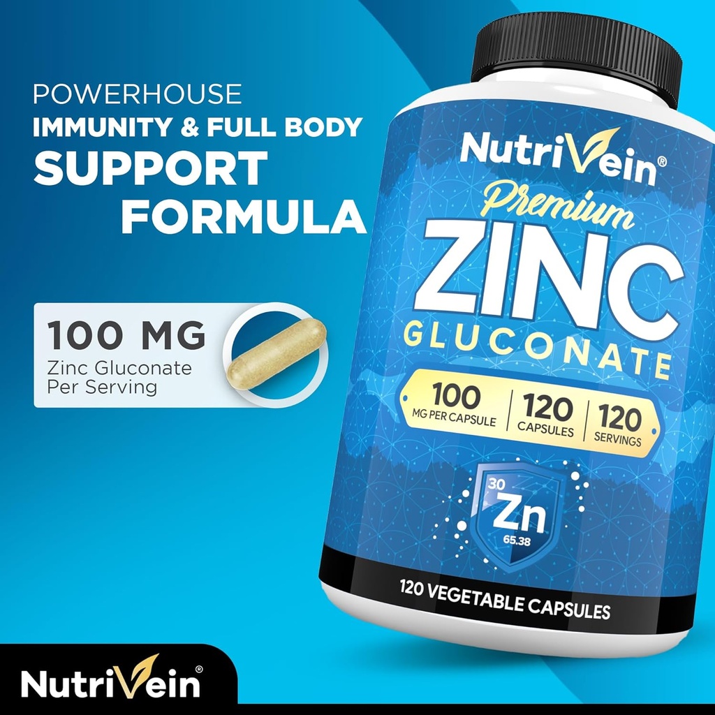 Nutrivein Premium Zinc Gluconate 100mg - 120 Capsules: High-Absorption Zinc Gluconate Supplements for Whole-Body Well-Being - Essential Elements for Wellness 4