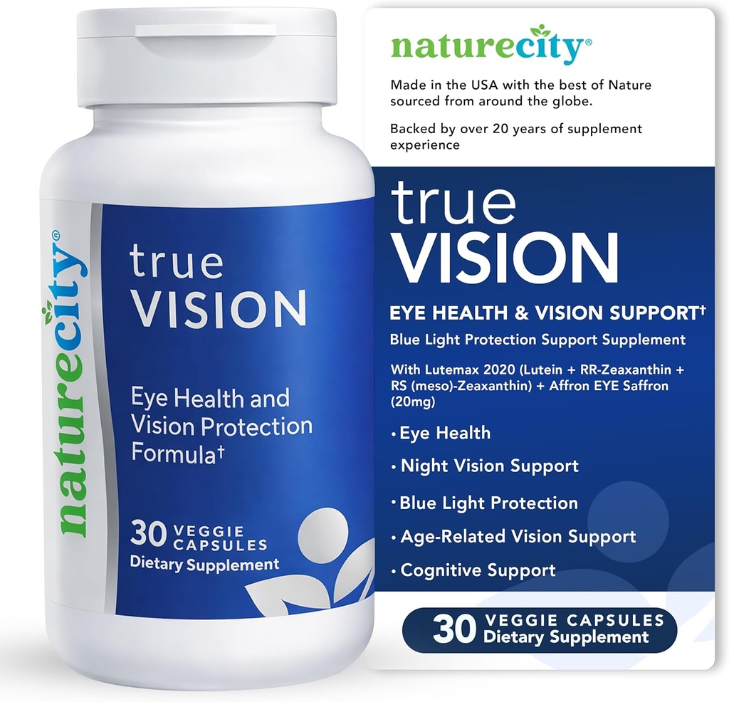 NatureCity True-Vision Eye Health Supplement - Plant-Based Lutein and Zeaxanthin with High Potency Saffron 20mg - Blue Light Protection, Support Central and Night Vision (30 Veggie Capsules) 2