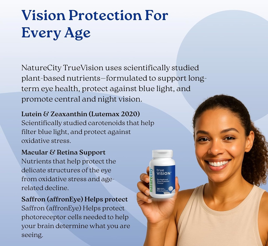 NatureCity True-Vision Eye Health Supplement - Plant-Based Lutein and Zeaxanthin with High Potency Saffron 20mg - Blue Light Protection, Support Central and Night Vision (30 Veggie Capsules) 5