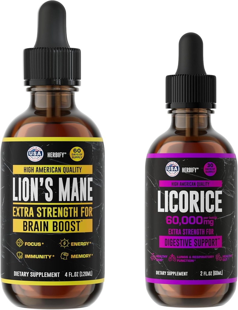 HERBIFY Bundle - Lions Mane Drops & Licorice Root Extract - Brain Boost & Nervous Stomach Support 2