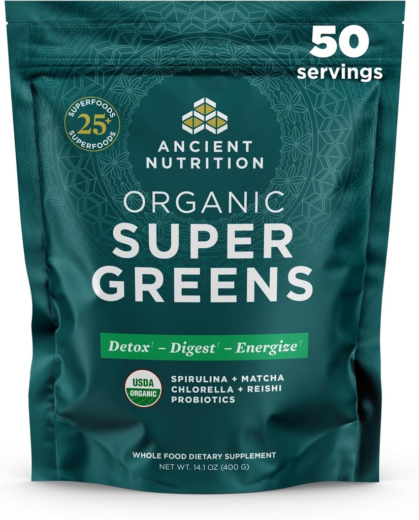 Ancient Nutrition Super Greens Powder, Organic Superfood Powder with Probiotics Made with Spirulina, Chlorella, Matcha, and Digestive Enzymes, 50 Servings, 14.1 oz 2