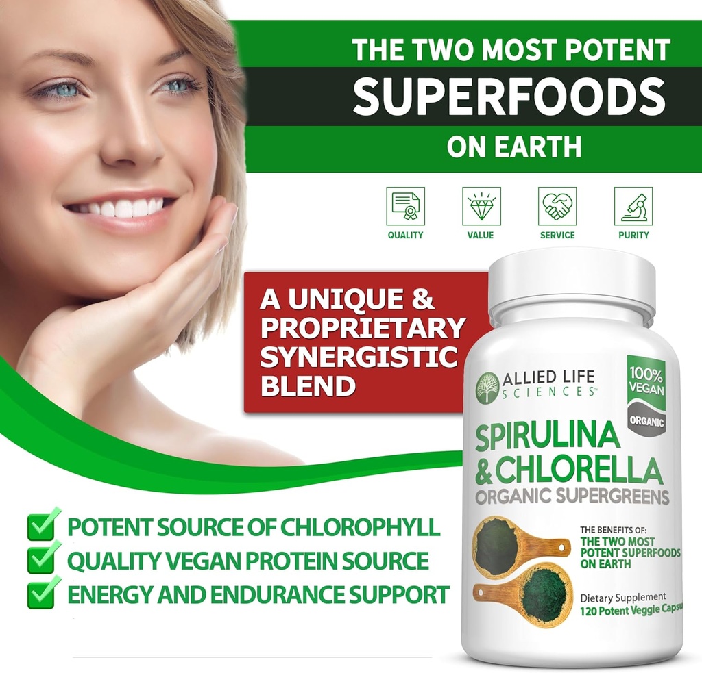 Allied Life Spirulina and Chlorella | Organic Chlorophyll Vegan Protein Powder Green Superfood | 120 Capsules 3