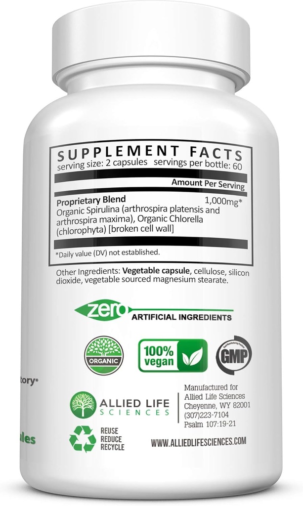 Allied Life Spirulina and Chlorella | Organic Chlorophyll Vegan Protein Powder Green Superfood | 120 Capsules 6