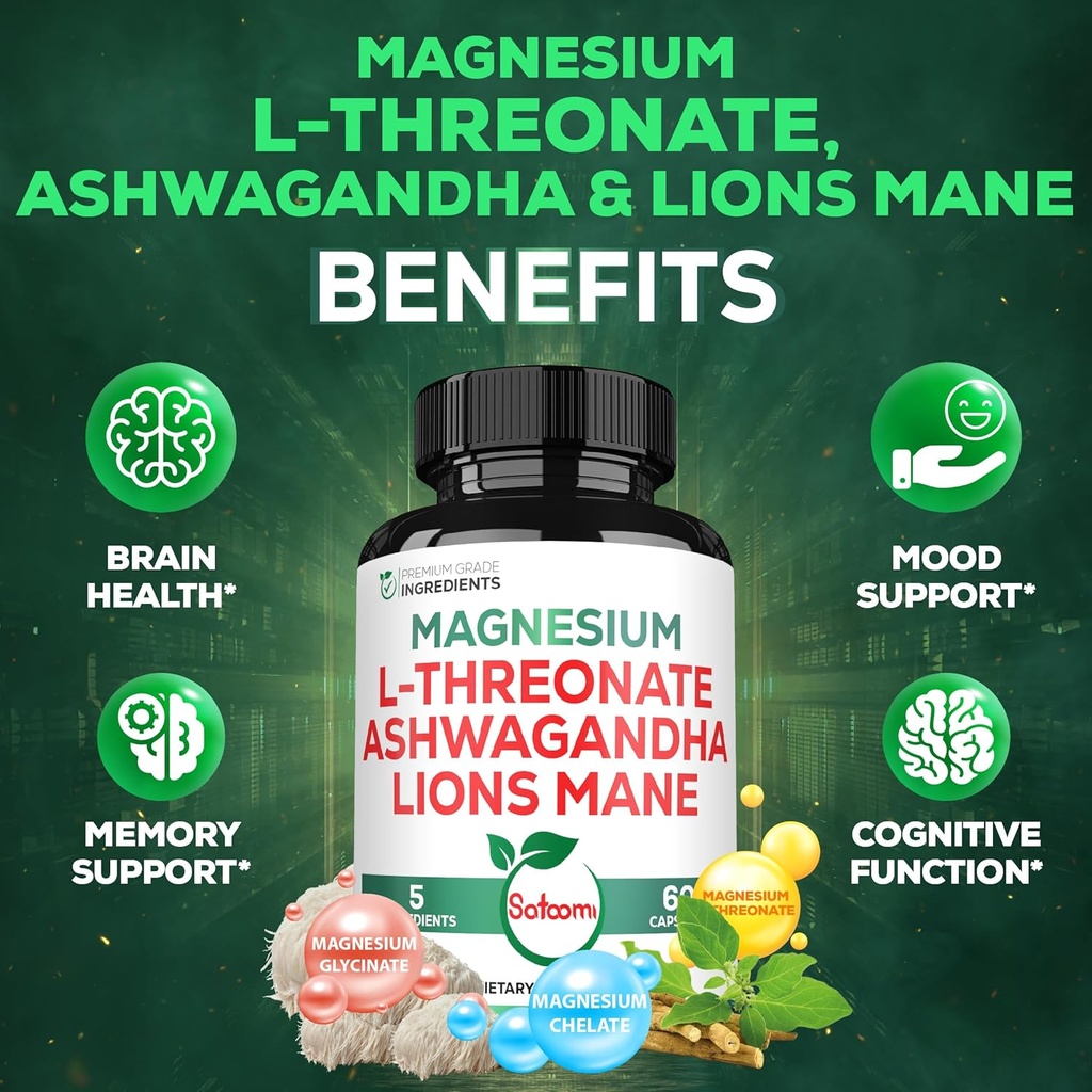 Satoomi 5in1 Magnesium L-Threonate with Mangesium Glycinate, Ashwagandha, Chelate & Lions Mane - 60 Capsules 6