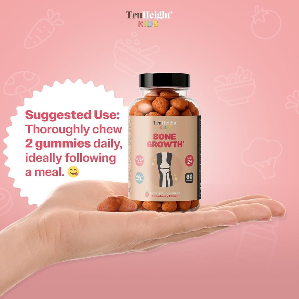 TruHeight Kids Bone Growth Gummies (Strawberry, Ages 2+) All Natural Kids & Toddler Vitamins - Vitamin D, Calcium, K2, Magnesium Multivitamin - Natural Growth & Development, Builds Strong Bones, Vegan 6
