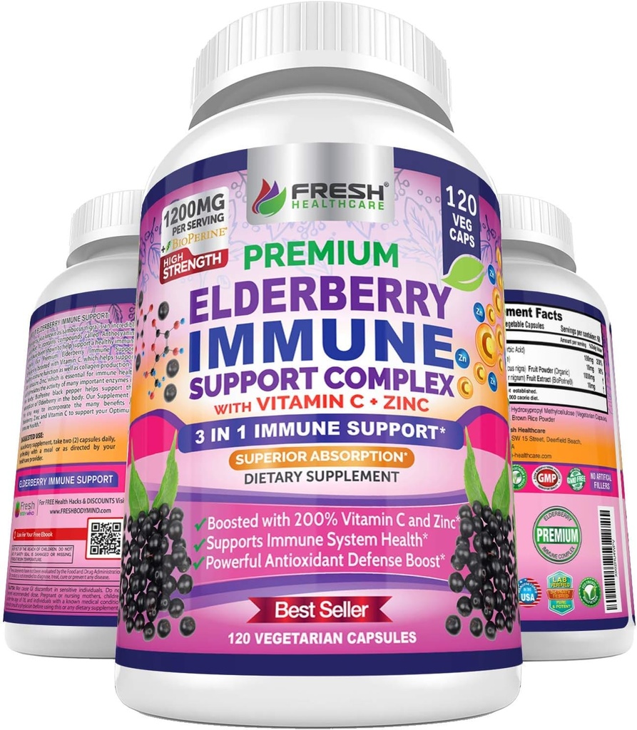 FRESH HEALTHCARE Elderberry Capsules - High Potency Black Elderberry with Zinc & Vitamin C - Premium 3-in-1 Immune Support Vitamins for Adults 2