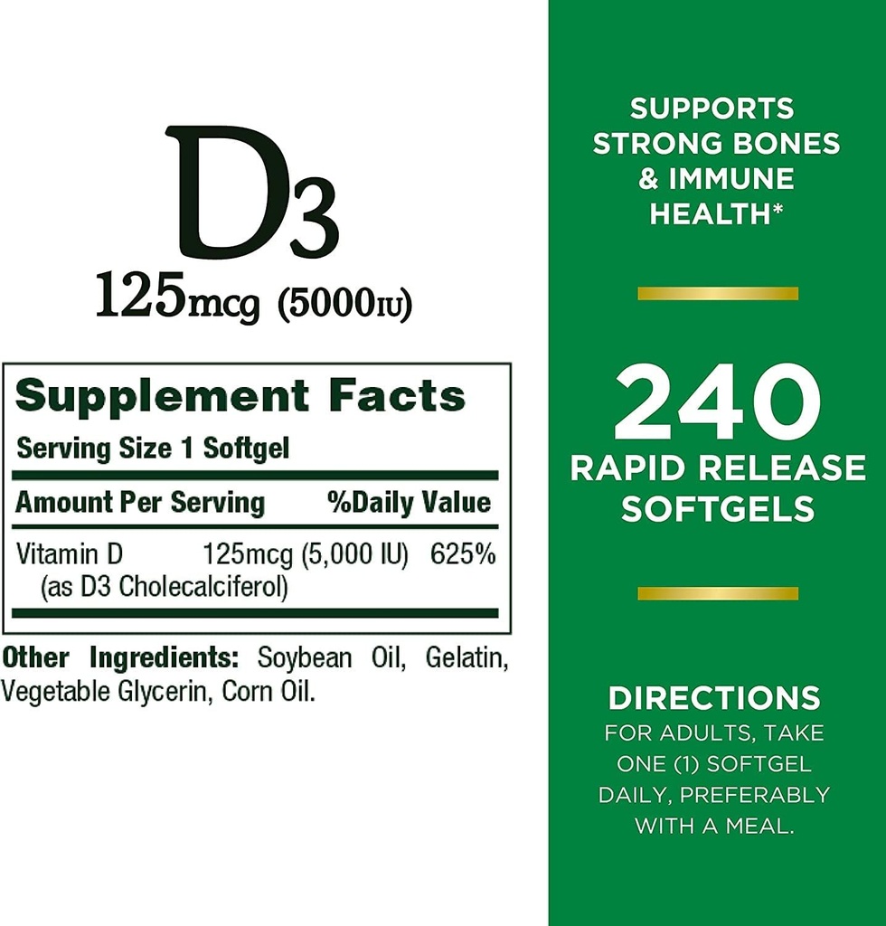 Nature's Bounty Vitamin D3, Immune Support, 125 mcg (5000iu), Rapid Release Softgels, 240 Ct - Pack of 2 3