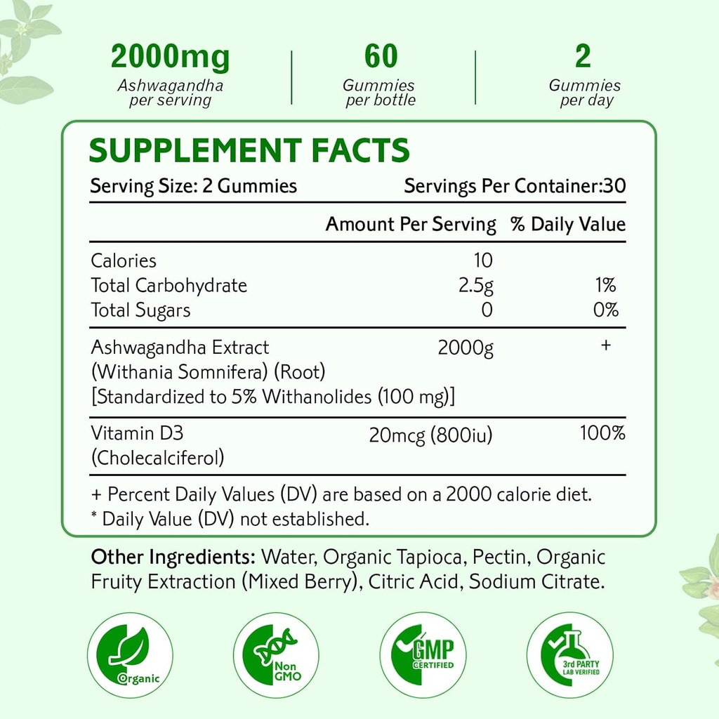 Ashwagandha Gummies, Extra Strength Vitamin D3, Organic Ashwa Root Extract Supplement for Calm Mood Relaxation & Immune Support, Mixed Berry Vegan Sugar Free Chews 60 Count 3