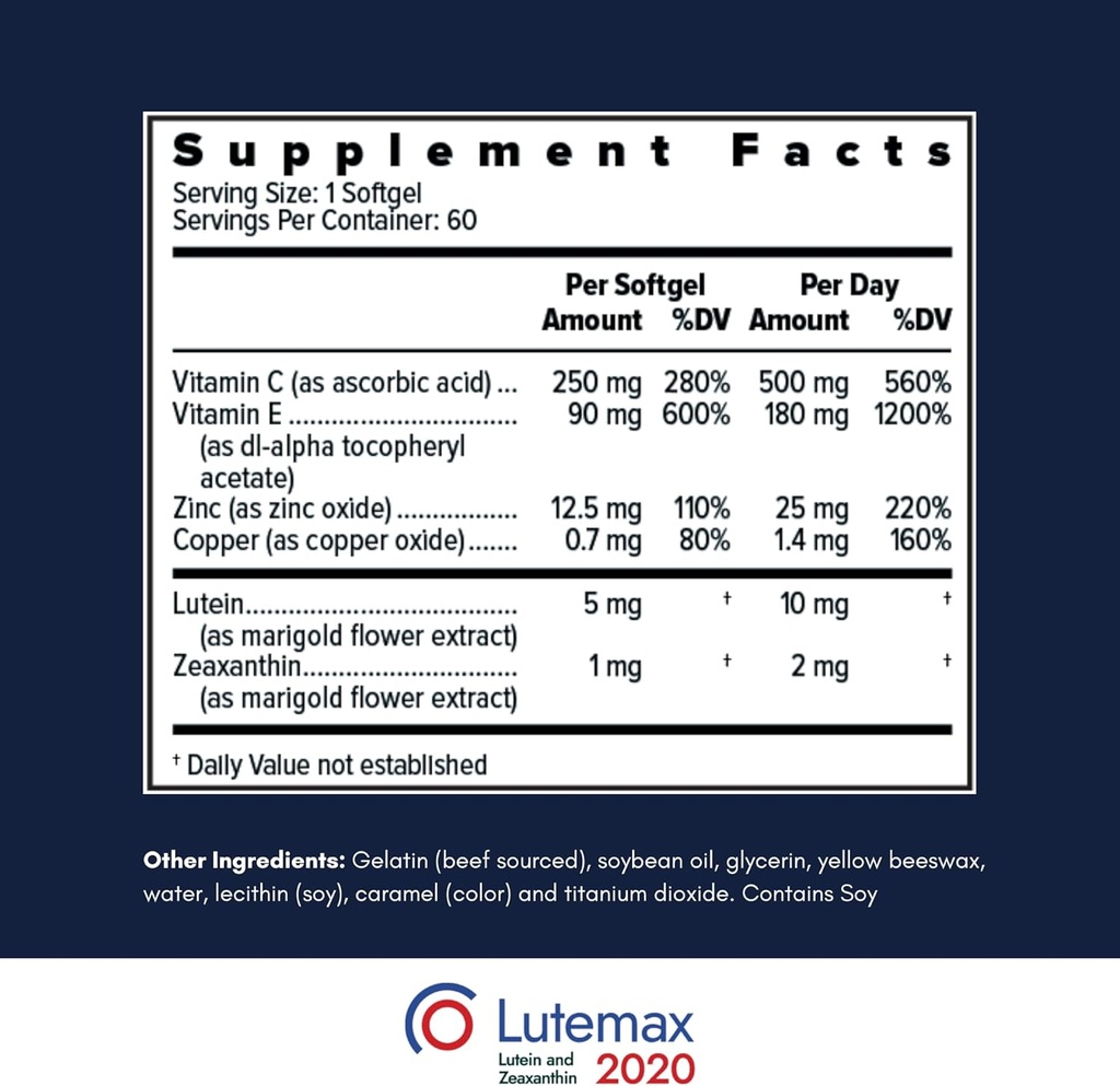 AREDS2 Based Eye Vitamin-Mineral Supplement (120 ct. 60 Day Supply) - AREDS2 Based Supplement for Eyes - Low Zinc Formula - Eye Vision Supplement and Vitamin 3