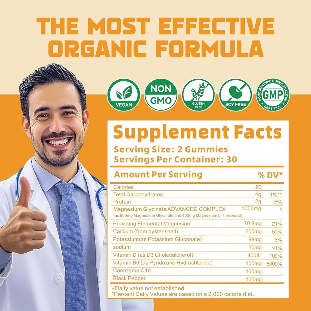 Magnesium Glycinate Gummies 1000mg - Sugar Free Magnesium Potassium Supplement with Vitamin D, B6, CoQ10 for Calm Mood & Sleep Support - 60 Orange Gummies 5