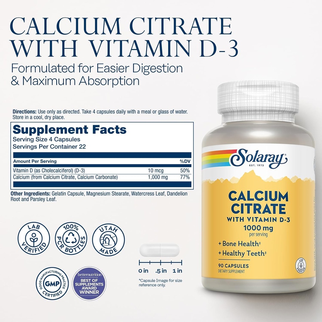 Solaray Calcium Citrate with Vitamin D3 1000mg - Bone Strength and Healthy Teeth Support - Gentle Digestion Formula - Lab Verified, 60-Day Guarantee - 15 Servings, 90 Capsules 3